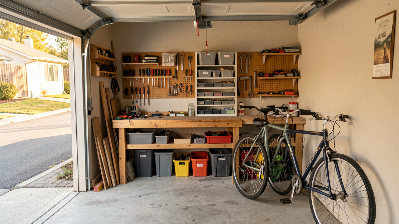 Coin bricolage bien organisé dans un petit garage, avec un établi, des outils, des rangements et deux vélos appuyés contre le mur.