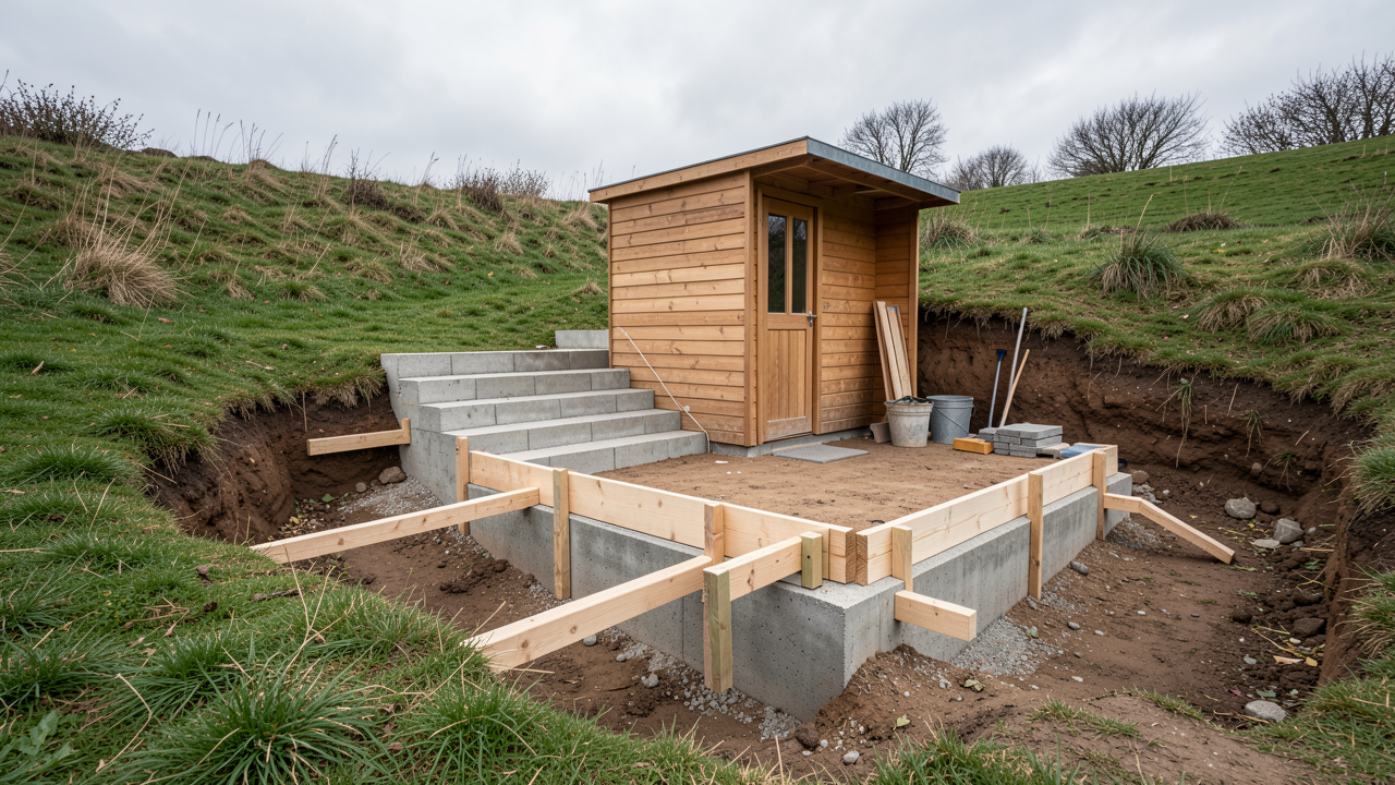Fondation en béton pour un abri de jardin aménagée sur un terrain herbeux en pente douce.