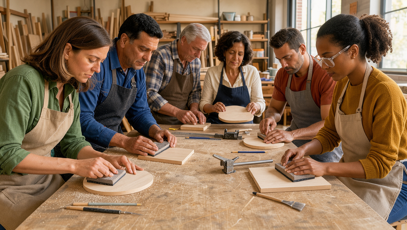 Six débutants, trois femmes et trois hommes, poncent des sous-verres en bois autour de tables solides dans un atelier lumineux et convivial.