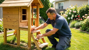 Un homme vérifie les vis et les marches d’une cabane d’enfant en bois dans un jardin familial lumineux à Saint-Rémy-sur-Durolle.